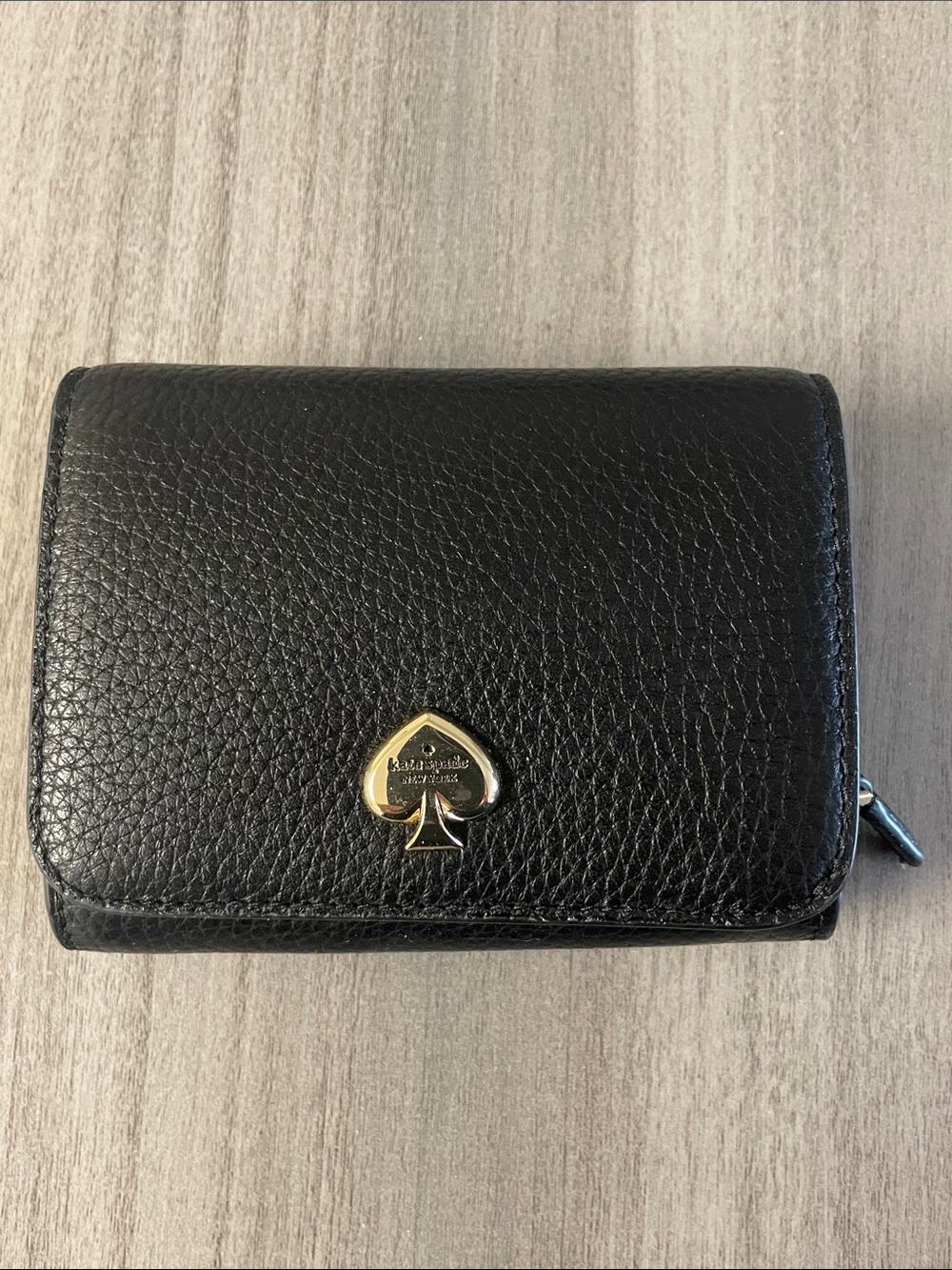 kate spade Black Pebbled Leather wallet with Gold Spade Accent